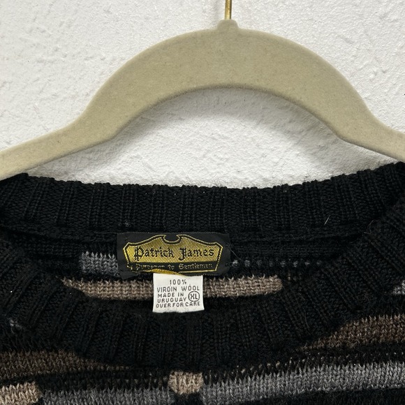 Vintage 3D Knit Sweater Wool XL Black Gray Striped Crewneck 90s Cosby Hip Hop - Picture 6 of 9